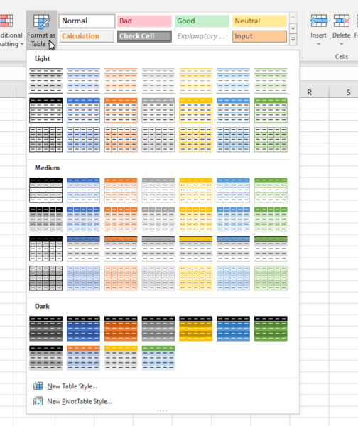 Pick a format from the table styles provided in the next pop up