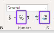 this image shows the Two decimal places will be automatically added to the numbers. To remove them click on the Decrease Decimals icon twice