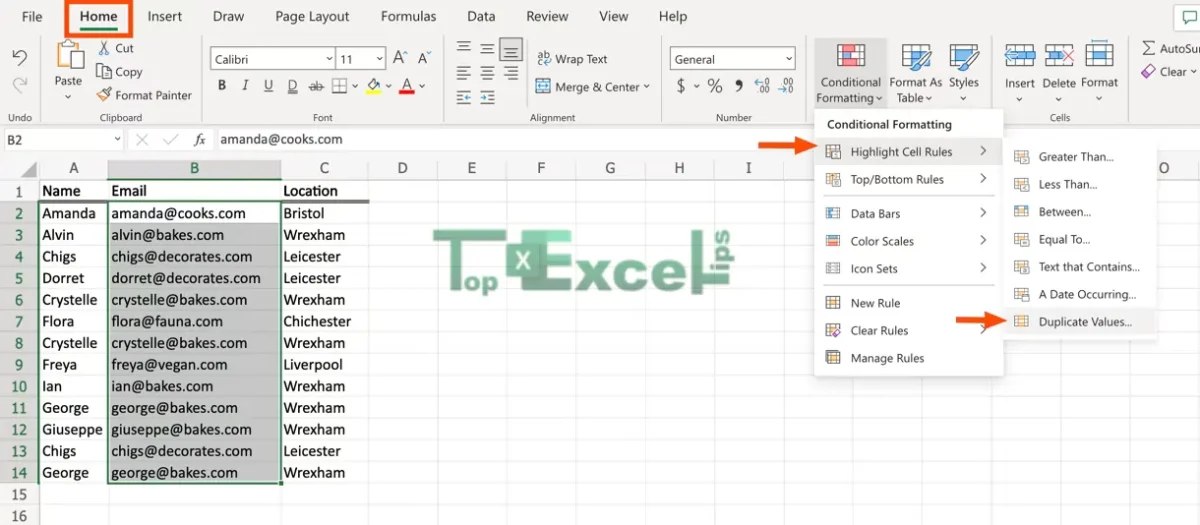 this image shows the process of First, select the data you want to check for duplicates. Then, go to the Home tab and choose Conditional Formatting > Highlight Cell Rules > Duplicate Values.