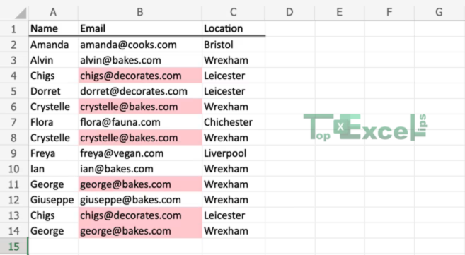 this image shows the process of Now, you'll see the duplicate data highlighted. You can look through it and decide if you want to delete any of the duplicate information.