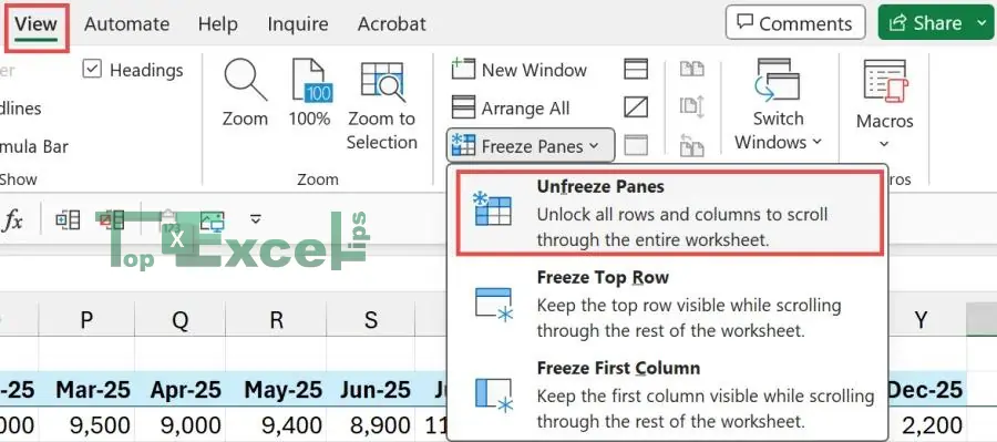 this image shows the process of unfreezing the rows in excel